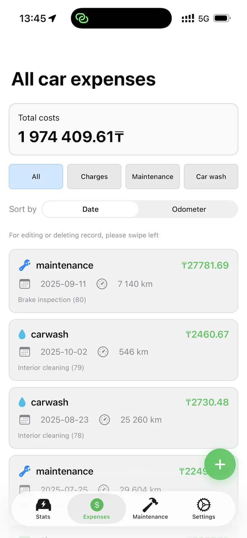 Detailed expenses history screen with charging sessions and cost records