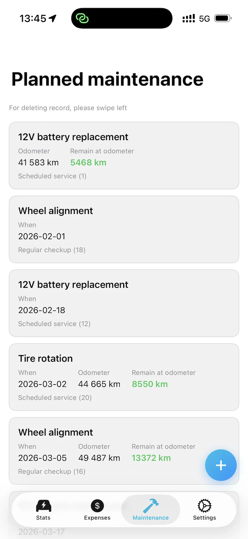 Planned maintenance screen showing scheduled service tasks and reminders